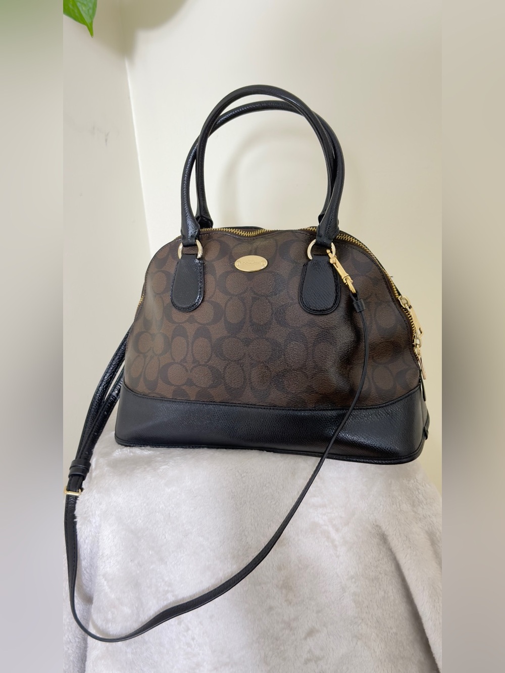 COACH Peyton Signature Cora Domed Satchel Brown Black Crossbody Bag F33904